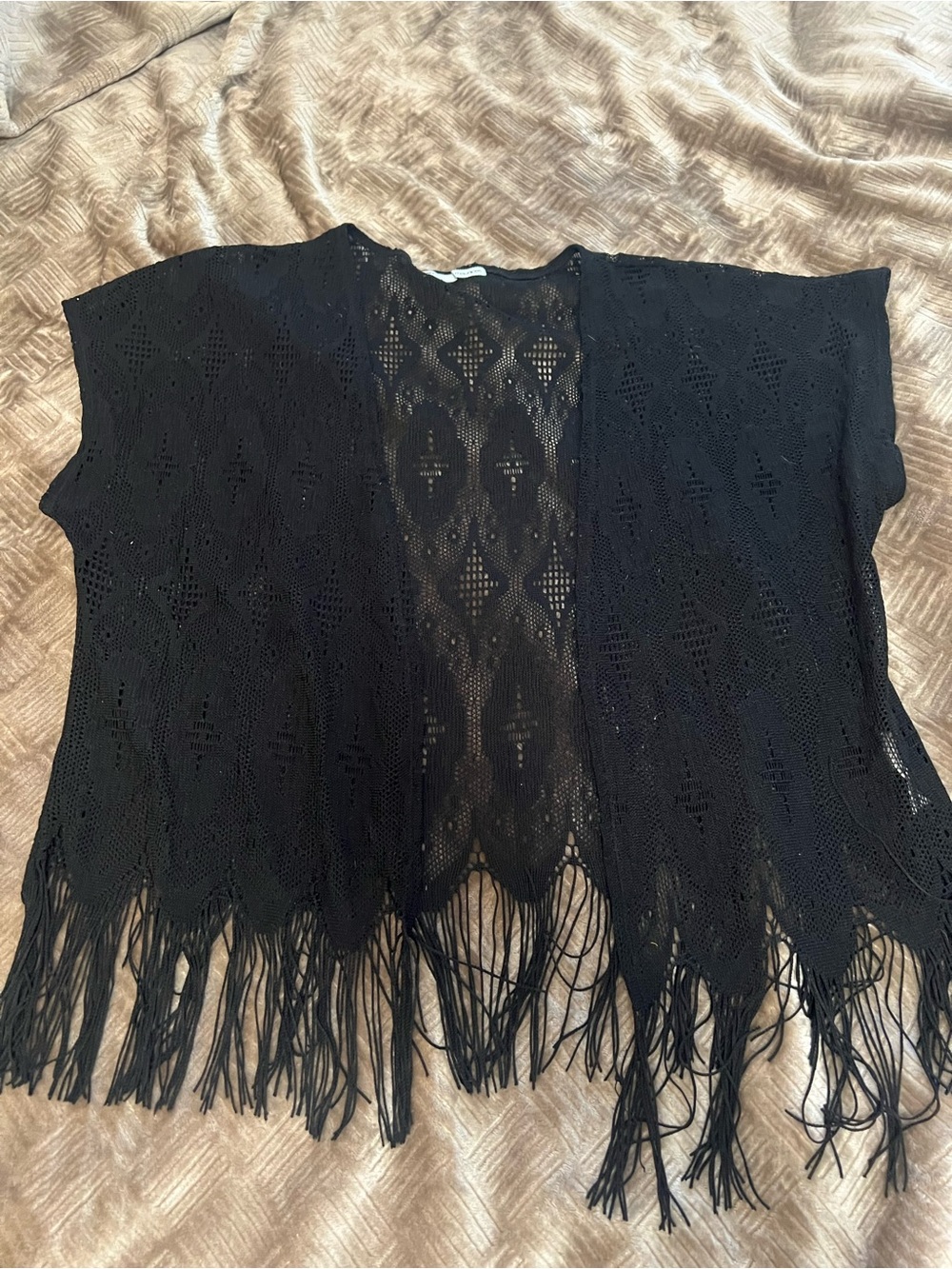 Black Open-Knit Fringe Cardigan - Women